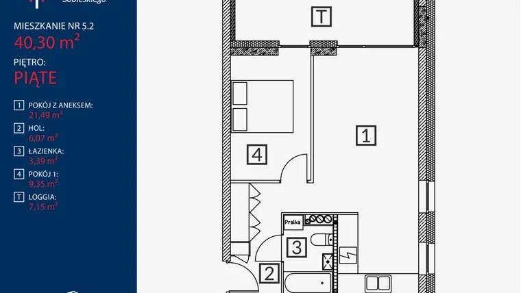 Rzut - Mieszkanie na sprzedaż 2 pokoje o powierzchni 40,3 m² - numer B2.M.5.2 w Tarasy Sobieskiego