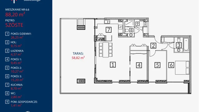 Rzut - Mieszkanie na sprzedaż 4 pokoje o powierzchni 88,2 m² - numer B2.M.6.6 w Tarasy Sobieskiego