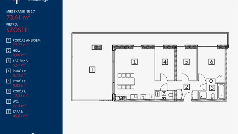 Rzut - Mieszkanie na sprzedaż 4 pokoje o powierzchni 73,61 m² - numer B2.M.6.7 w Tarasy Sobieskiego