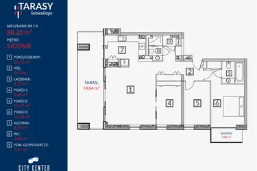 Rzut - Mieszkanie na sprzedaż 4 pokoje o powierzchni 88,2 m² - numer B2.M.7.4 w Tarasy Sobieskiego