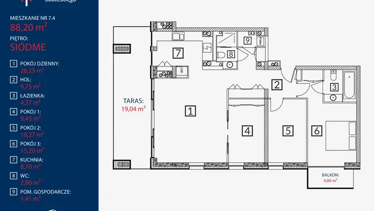 Rzut - Mieszkanie na sprzedaż 4 pokoje o powierzchni 88,2 m² - numer B2.M.7.4 w Tarasy Sobieskiego