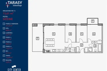 Rzut - Mieszkanie na sprzedaż 4 pokoje o powierzchni 73,61 m² - numer B2.M.7.5 w Tarasy Sobieskiego