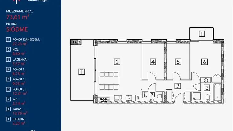 Rzut - Mieszkanie na sprzedaż 4 pokoje o powierzchni 73,61 m² - numer B2.M.7.5 w Tarasy Sobieskiego