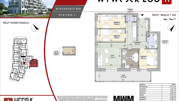 Rzut - Mieszkanie na sprzedaż 4 pokoje o powierzchni 77,4 m² - numer M10 w Apartamenty Wywrockiego 11