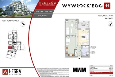Rzut - Mieszkanie na sprzedaż 2 pokoje o powierzchni 44,75 m² - numer M42 w Apartamenty Wywrockiego 11