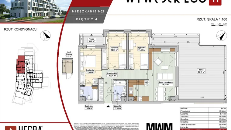 Rzut - Mieszkanie na sprzedaż 4 pokoje o powierzchni 86,15 m² - numer M52 w Apartamenty Wywrockiego 11