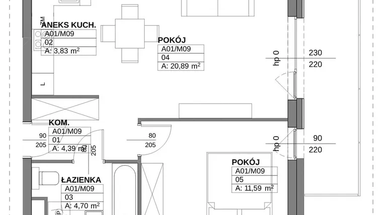 Rzut - Mieszkanie na sprzedaż 2 pokoje o powierzchni 45,4 m² - numer A/M9 w EkoMetalowa