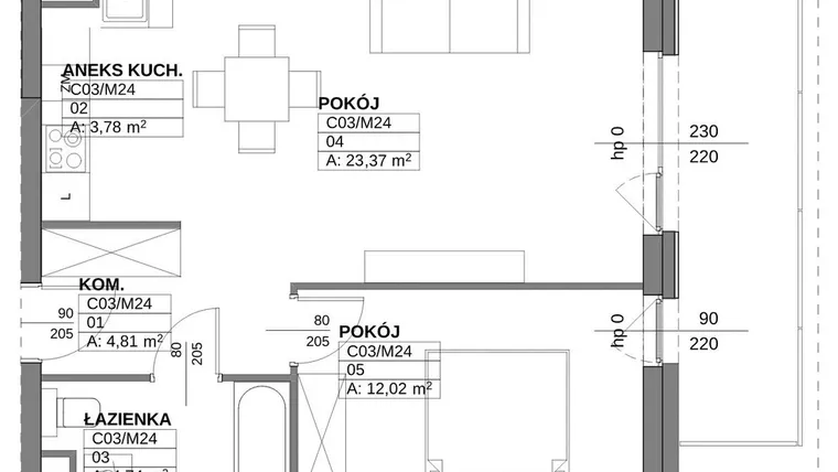 Rzut - Mieszkanie na sprzedaż 2 pokoje o powierzchni 49,1 m² - numer C03/M24 w EkoMetalowa