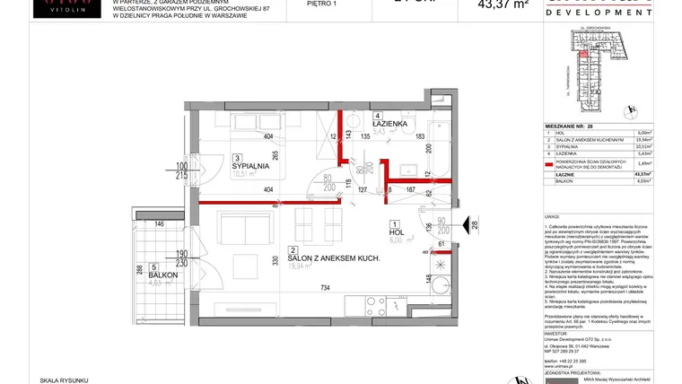 Rzut - Mieszkanie na sprzedaż 2 pokoje o powierzchni 43,37 m² - numer M28 w Viva Vitolin