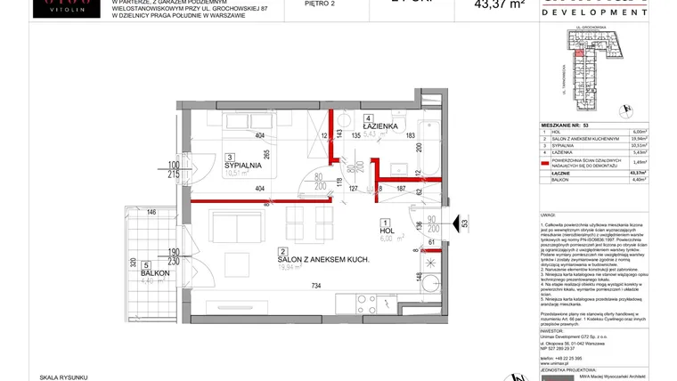 Rzut - Mieszkanie na sprzedaż 2 pokoje o powierzchni 43,37 m² - numer M53 w Viva Vitolin