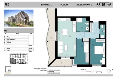 Rzut - Mieszkanie na sprzedaż 3 pokoje o powierzchni 68,15 m² - numer C2 w Panorama Kwiatkowskiego