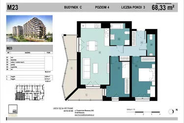 Rzut - Mieszkanie na sprzedaż 3 pokoje o powierzchni 68,33 m² - numer C23 w Panorama Kwiatkowskiego
