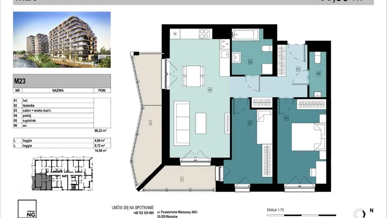 Rzut - Mieszkanie na sprzedaż 3 pokoje o powierzchni 68,33 m² - numer C23 w Panorama Kwiatkowskiego