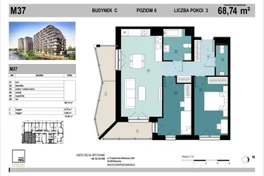 Rzut - Mieszkanie na sprzedaż 3 pokoje o powierzchni 68,74 m² - numer C37 w Panorama Kwiatkowskiego