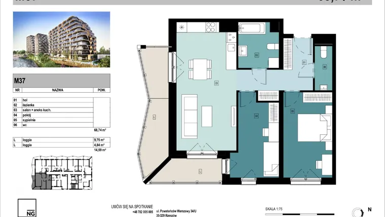 Rzut - Mieszkanie na sprzedaż 3 pokoje o powierzchni 68,74 m² - numer C37 w Panorama Kwiatkowskiego