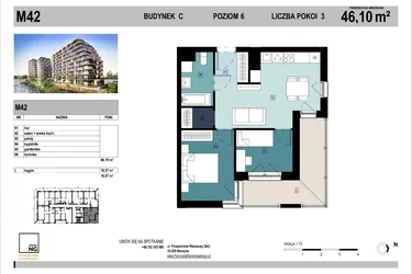 Rzut - Mieszkanie na sprzedaż 3 pokoje o powierzchni 46,1 m² - numer C42 w Panorama Kwiatkowskiego