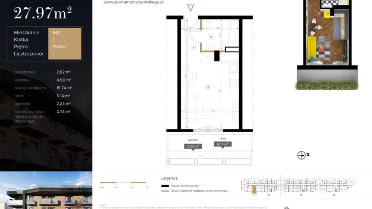 Rzut - Mieszkanie na sprzedaż 1 pokój o powierzchni 27,97 m² - numer M4 w Apartamenty Wybickiego