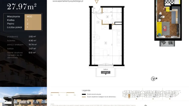 Rzut - Mieszkanie na sprzedaż 1 pokój o powierzchni 27,97 m² - numer M30 w Apartamenty Wybickiego