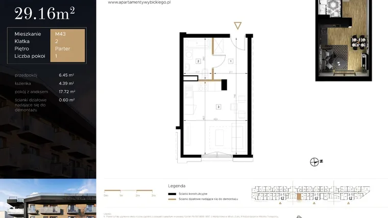 Rzut - Mieszkanie na sprzedaż 1 pokój o powierzchni 29,16 m² - numer M43 w Apartamenty Wybickiego