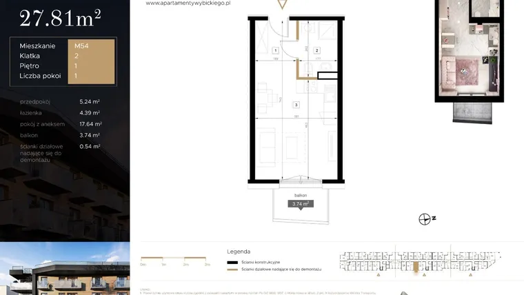 Rzut - Mieszkanie na sprzedaż 1 pokój o powierzchni 27,81 m² - numer M54 w Apartamenty Wybickiego