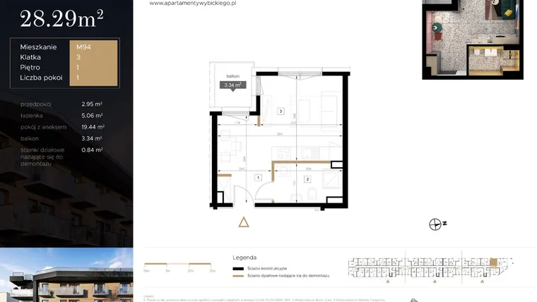 Rzut - Mieszkanie na sprzedaż 1 pokój o powierzchni 28,29 m² - numer M94 w Apartamenty Wybickiego