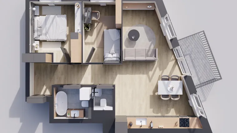 Rzut - Mieszkanie na sprzedaż 3 pokoje o powierzchni 62,39 m² - numer 22/53 w Odrzańskie Bulvary