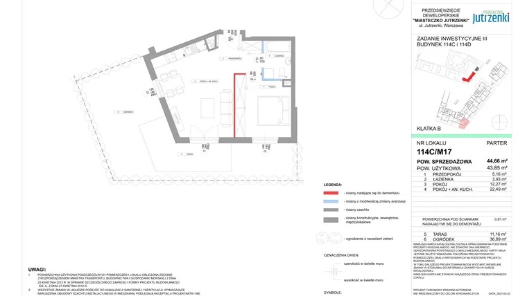 Rzut - Mieszkanie na sprzedaż 2 pokoje o powierzchni 44,66 m² - numer 114C/M017 w Miasteczko Jutrzenki etap III