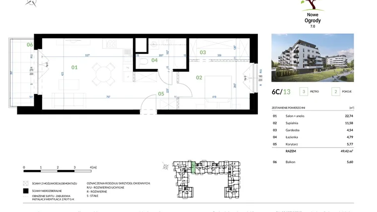 Rzut - Mieszkanie na sprzedaż 2 pokoje o powierzchni 49,42 m² - numer 6C/13 w Nowe Ogrody 7.0