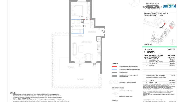 Rzut - Mieszkanie na sprzedaż 2 pokoje o powierzchni 46,65 m² - numer 114D/M3 w Miasteczko Jutrzenki etap III