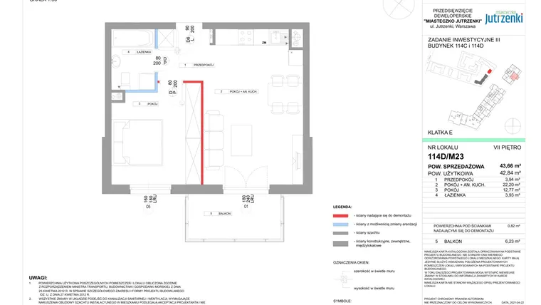 Rzut - Mieszkanie na sprzedaż 2 pokoje o powierzchni 43,66 m² - numer 114D/M23 w Miasteczko Jutrzenki etap III