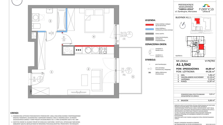 Rzut - Mieszkanie na sprzedaż 2 pokoje o powierzchni 43,97 m² - numer A1.1/042 w Fabrica URSUS