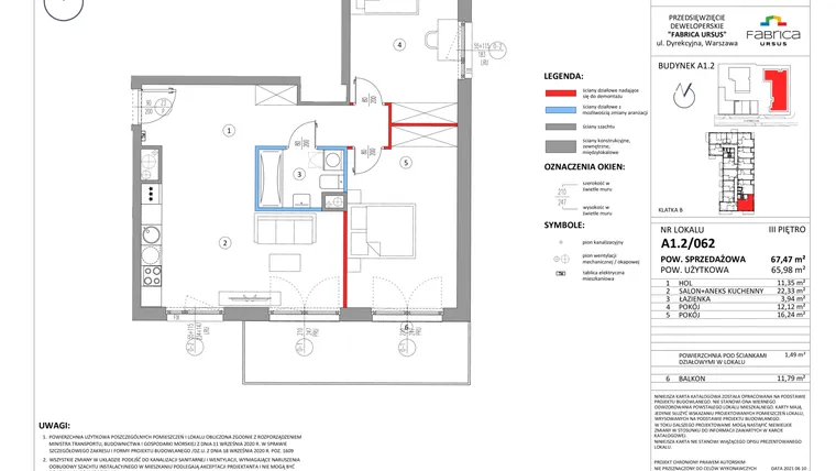 Rzut - Mieszkanie na sprzedaż 3 pokoje o powierzchni 65,98 m² - numer A1.2/062 w Fabrica URSUS