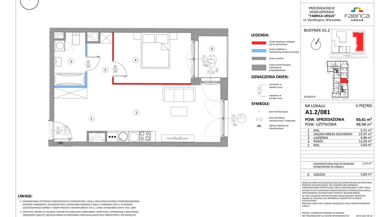 Rzut - Mieszkanie na sprzedaż 2 pokoje o powierzchni 49,11 m² - numer A1.2/081 w Fabrica URSUS