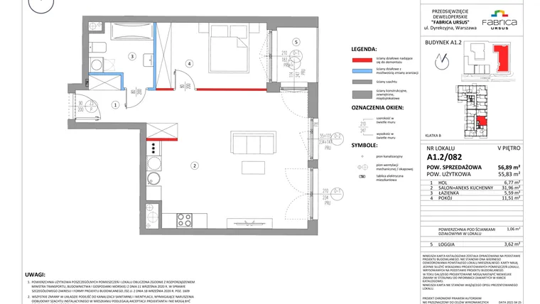 Rzut - Mieszkanie na sprzedaż 2 pokoje o powierzchni 56,05 m² - numer A1.2/082 w Fabrica URSUS