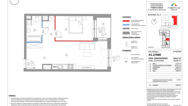 Rzut - Mieszkanie na sprzedaż 2 pokoje o powierzchni 48,99 m² - numer A1.2/088 w Fabrica URSUS