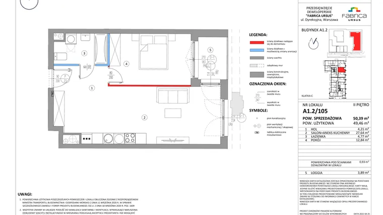 Rzut - Mieszkanie na sprzedaż 2 pokoje o powierzchni 49,37 m² - numer A1.2/105 w Fabrica URSUS
