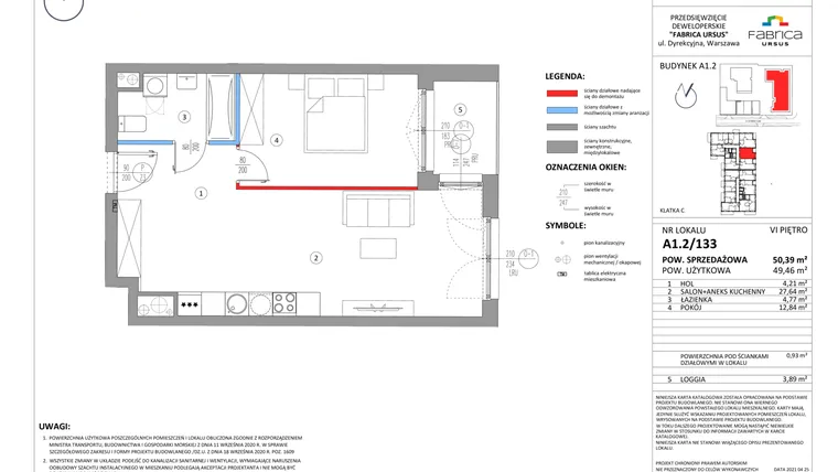 Rzut - Mieszkanie na sprzedaż 2 pokoje o powierzchni 49,45 m² - numer A1.2/133 w Fabrica URSUS