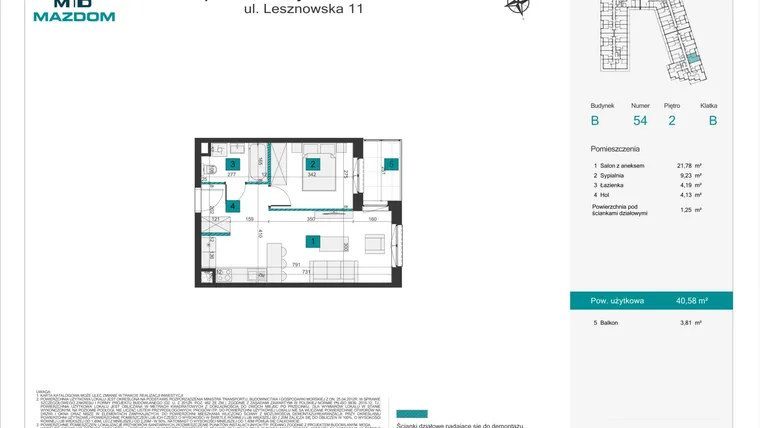 Rzut - Mieszkanie na sprzedaż 2 pokoje o powierzchni 40,58 m² - numer B.54 w Apartamenty Nad Stawami II