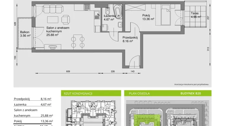 Rzut - Mieszkanie na sprzedaż 2 pokoje o powierzchni 52,07 m² - numer B20/035 w Słoneczne Miasteczko - etap I