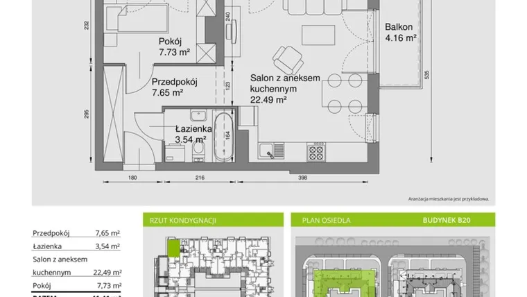 Rzut - Mieszkanie na sprzedaż 2 pokoje o powierzchni 41,41 m² - numer B20/092 w Słoneczne Miasteczko