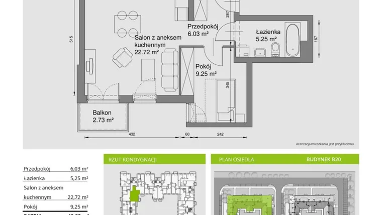 Rzut - Mieszkanie na sprzedaż 2 pokoje o powierzchni 43,25 m² - numer B20/098 w Słoneczne Miasteczko - etap I