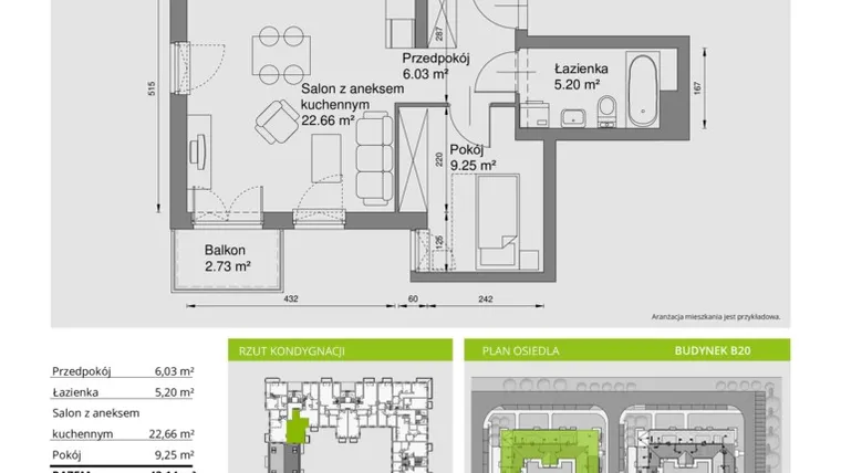 Rzut - Mieszkanie na sprzedaż 2 pokoje o powierzchni 43,14 m² - numer B20/102 w Słoneczne Miasteczko
