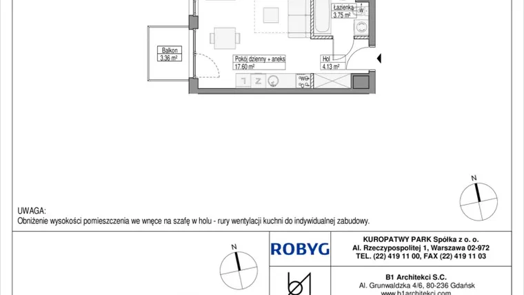 Rzut - Mieszkanie na sprzedaż 1 pokój o powierzchni 25,48 m² - numer E.4M11 w Park Południe