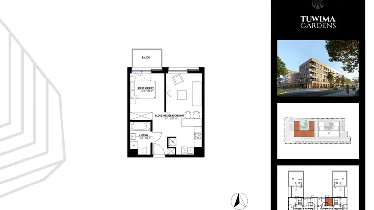 Rzut - Mieszkanie na sprzedaż 1 pokój o powierzchni 42,53 m² - numer A1/81 w Tuwima Gardens