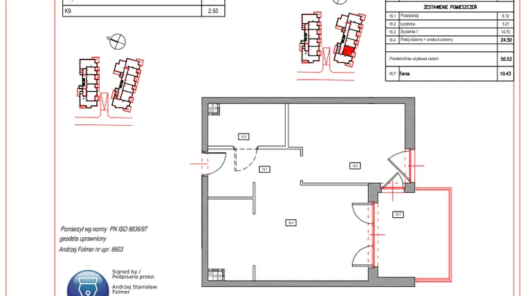 Rzut - Mieszkanie na sprzedaż 2 pokoje o powierzchni 50,53 m² - numer B.16 w Villa Verona Mielno