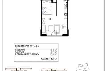 Rzut - Mieszkanie na sprzedaż 1 pokój o powierzchni 40,46 m² - numer 1A-2.5 w Gardenia Pogodno