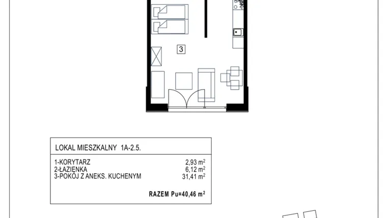 Rzut - Mieszkanie na sprzedaż 1 pokój o powierzchni 40,46 m² - numer 1A-2.5 w Gardenia Pogodno