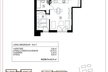 Rzut - Mieszkanie na sprzedaż 2 pokoje o powierzchni 43,51 m² - numer 1A-2.7 w Gardenia Pogodno