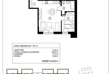 Rzut - Mieszkanie na sprzedaż 2 pokoje o powierzchni 44,08 m² - numer 1B-1.3 w Gardenia Pogodno