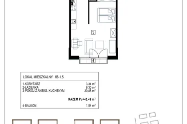 Rzut - Mieszkanie na sprzedaż 1 pokój o powierzchni 40,49 m² - numer 1B-1.5 w Gardenia Pogodno